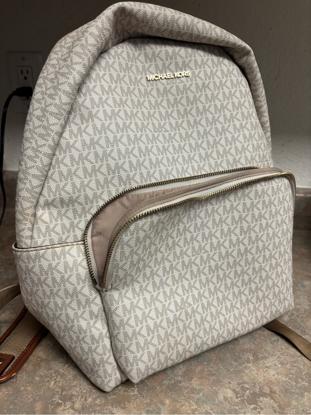Michael Kors Neutral Logo Print Backpack with Gold Accents